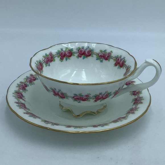 Antique Cauldon England Rose Border Gold Trim Footed China Teacup and Saucer - Picture 2 of 10